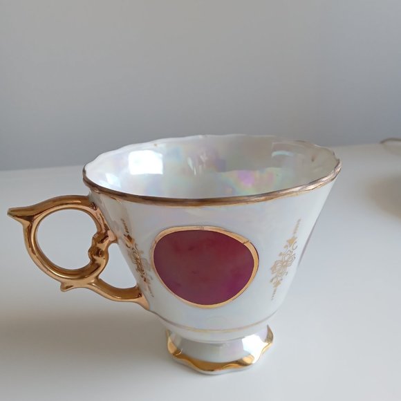 Lusterware Iridescent Pearl Glaze Footed Teacup & Saucer With Large Polka Dots - Picture 5 of 8